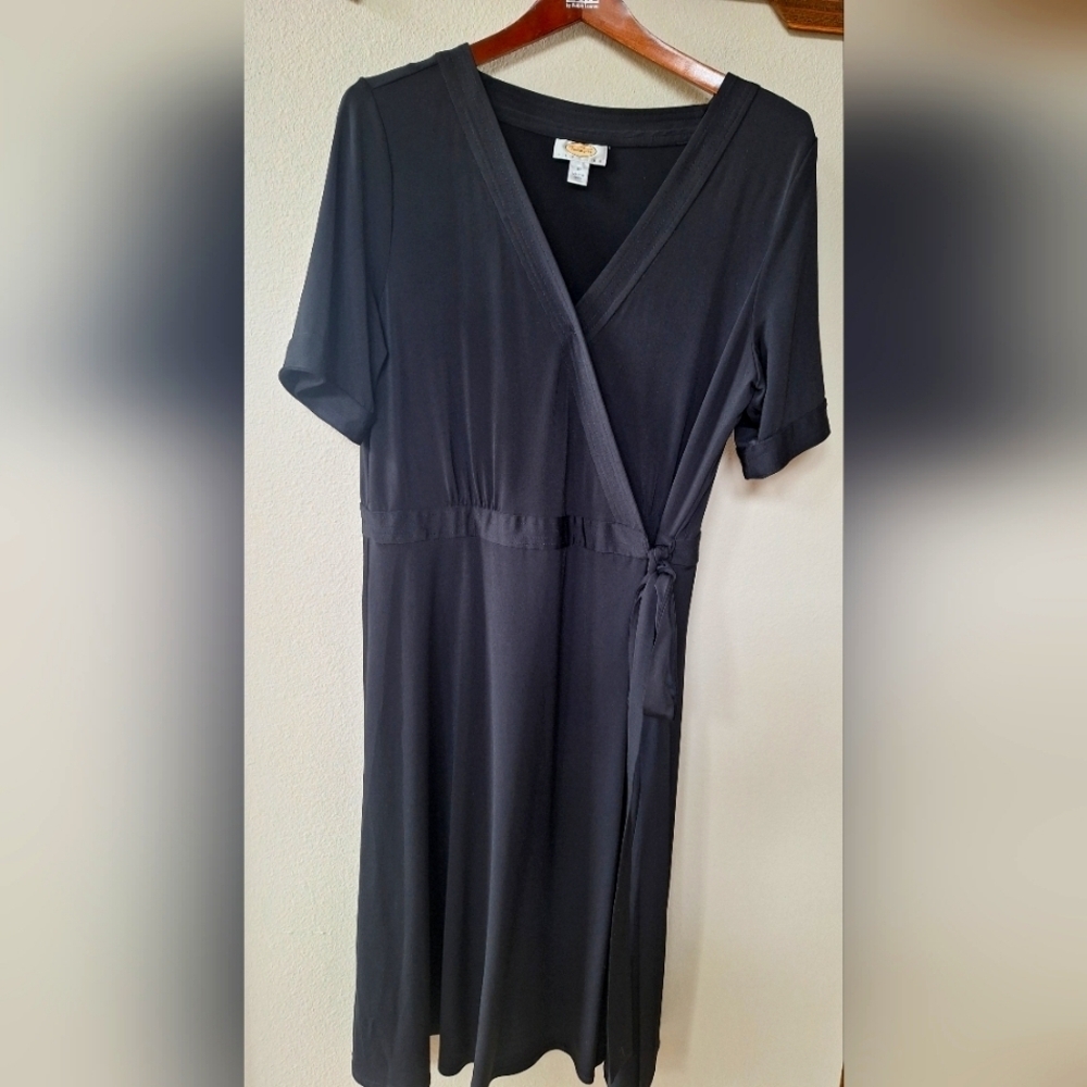 Talbots Petite Womens Black Short Sleeve Wrap Dress Knee-length Size 16